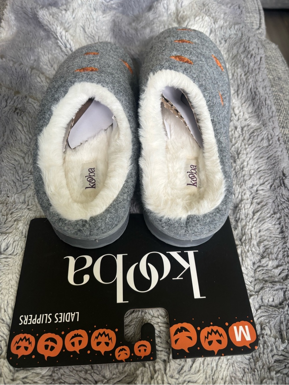 Kooba Gray Slip-On Kids Slippers with Orange Pumpkin Embroidery - Picture 2 of 3